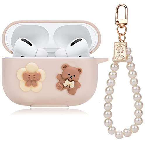 Cute AirPod Pro 2 Case with Pearl Wrist Chain Flower Bear Design Soft Protective Cover Compatible with AirPods Pro 2nd Generation 2022 Case for Women and Girls (Brown)