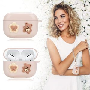 Cute AirPod Pro 2 Case with Pearl Wrist Chain Flower Bear Design Soft Protective Cover Compatible with AirPods Pro 2nd Generation 2022 Case for Women and Girls (Brown)