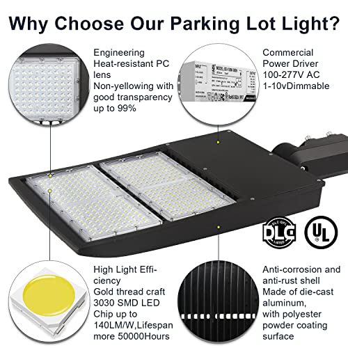 300W LED Parking Lot Light 42000LM Commercial Outdoor Light 4000K Dimmable LED Shoebox Area Light (1000W HID/HPS Equivalent), Direct Arm Mount IP65, 100-277V AC UL&DLC Listed