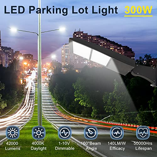 300W LED Parking Lot Light 42000LM Commercial Outdoor Light 4000K Dimmable LED Shoebox Area Light (1000W HID/HPS Equivalent), Direct Arm Mount IP65, 100-277V AC UL&DLC Listed