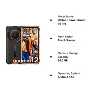 Ulefone Rugged Smartphone, Power Armor 16 Pro 122dB Loud Speaker, IP68/IP69K, 9600mAh, Octa-core Android 12 4GB + 64GB, 16MP Dual Camera, Built-in Glare Flashlight, Fingerprint ID, NFC Orange