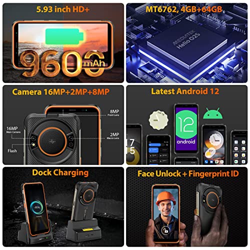 Ulefone Rugged Smartphone, Power Armor 16 Pro 122dB Loud Speaker, IP68/IP69K, 9600mAh, Octa-core Android 12 4GB + 64GB, 16MP Dual Camera, Built-in Glare Flashlight, Fingerprint ID, NFC Orange