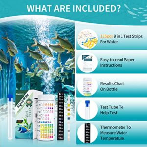 Umlecoa 9 in 1 Aquarium Test Kit for Freshwater and Saltwater - 125 Aquarium Test Strips with Test Tube & Thermometer - Fast & Accurate Water Testing Strips for Aquarium/Pond/Pool