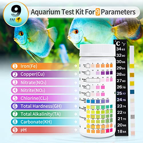 Umlecoa 9 in 1 Aquarium Test Kit for Freshwater and Saltwater - 125 Aquarium Test Strips with Test Tube & Thermometer - Fast & Accurate Water Testing Strips for Aquarium/Pond/Pool