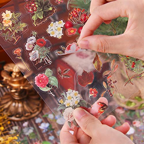 Dizdkizd Transparent Flower Stickers Set, 18 Sheets (360+ Pieces) Assorted Green Plants and Nature Floral Decals for Scrapbooking, Journals, Planners, Card Making, Crafts Projects