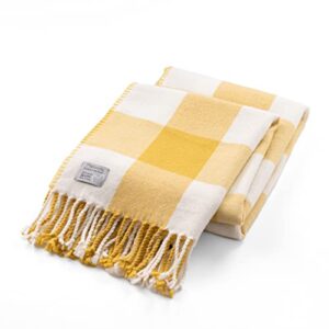 mellowdy classic checkered blanket - faux cashmere plaid throw with fringe - soft woven, lightweight, farmhouse, vintage inspired décor for couch, chair, office (misted yellow, 50x60)