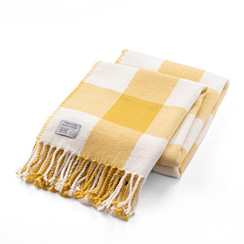 Mellowdy Classic Checkered Blanket - Faux Cashmere Plaid Throw with Fringe - Soft Woven, Lightweight, Farmhouse, Vintage Inspired Décor for Couch, Chair, Office (Misted Yellow, 50x60)