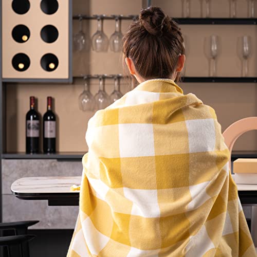 Mellowdy Classic Checkered Blanket - Faux Cashmere Plaid Throw with Fringe - Soft Woven, Lightweight, Farmhouse, Vintage Inspired Décor for Couch, Chair, Office (Misted Yellow, 50x60)