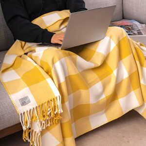 Mellowdy Classic Checkered Blanket - Faux Cashmere Plaid Throw with Fringe - Soft Woven, Lightweight, Farmhouse, Vintage Inspired Décor for Couch, Chair, Office (Misted Yellow, 50x60)