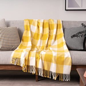 Mellowdy Classic Checkered Blanket - Faux Cashmere Plaid Throw with Fringe - Soft Woven, Lightweight, Farmhouse, Vintage Inspired Décor for Couch, Chair, Office (Misted Yellow, 50x60)