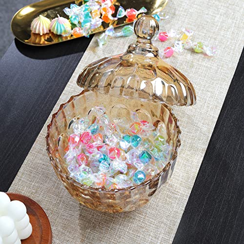 Joeyan Amber Glass Candy Dish with Lid,Large Glass Covered Candy Jar,Decorative Candy Bowl,Embossed Glass Canister for Cookies Nuts Chocolates,Home Wedding and Buffet Decoration Jars,34 oz