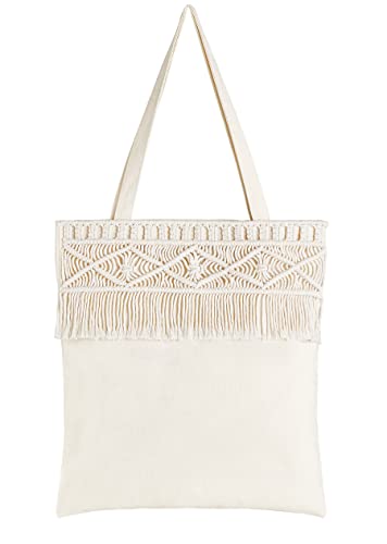 Mkono Canvas Tote bag for Women Boho Aesthetic Shoulder Handbag with Macrame Fringe Reusable Shopping Bag Lightweight Unique Gift Bag Cute Tote Bag for School Work Beach Travel Wedding Holiday