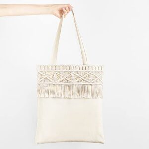 Mkono Canvas Tote bag for Women Boho Aesthetic Shoulder Handbag with Macrame Fringe Reusable Shopping Bag Lightweight Unique Gift Bag Cute Tote Bag for School Work Beach Travel Wedding Holiday