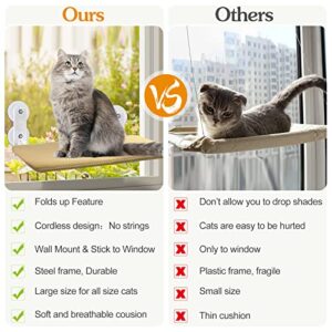 Foldable Cat Window Perch, Cordless Cat Window Hammock with 4 Strong Suction Cups, Window Cat Beds for Indoor Cats Inside, Large Cats Window Seat Windowsill Safety with Sturdy Metal Frame Soft Cover