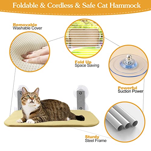 Foldable Cat Window Perch, Cordless Cat Window Hammock with 4 Strong Suction Cups, Window Cat Beds for Indoor Cats Inside, Large Cats Window Seat Windowsill Safety with Sturdy Metal Frame Soft Cover