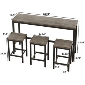 4-Piece Pub Table Set, Counter Height Extra Long Dining Table Set with 3 Stools, Pub Kitchen Set Side Table with Footrest, Wood Pub Bar Table Set Perfect for Breakfast Nook (Brown Gray, 1+3)