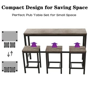 4-Piece Pub Table Set, Counter Height Extra Long Dining Table Set with 3 Stools, Pub Kitchen Set Side Table with Footrest, Wood Pub Bar Table Set Perfect for Breakfast Nook (Brown Gray, 1+3)