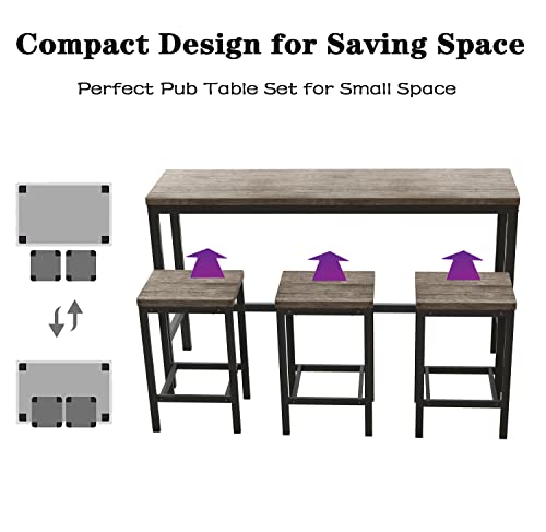 4-Piece Pub Table Set, Counter Height Extra Long Dining Table Set with 3 Stools, Pub Kitchen Set Side Table with Footrest, Wood Pub Bar Table Set Perfect for Breakfast Nook (Brown Gray, 1+3)