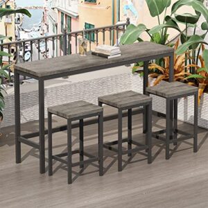 4-Piece Pub Table Set, Counter Height Extra Long Dining Table Set with 3 Stools, Pub Kitchen Set Side Table with Footrest, Wood Pub Bar Table Set Perfect for Breakfast Nook (Brown Gray, 1+3)