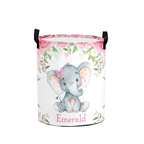 Custom Watercolor Animal Elephant Laundry Basket with Name Text Waterproof Bedroom Living Room Storage Basket