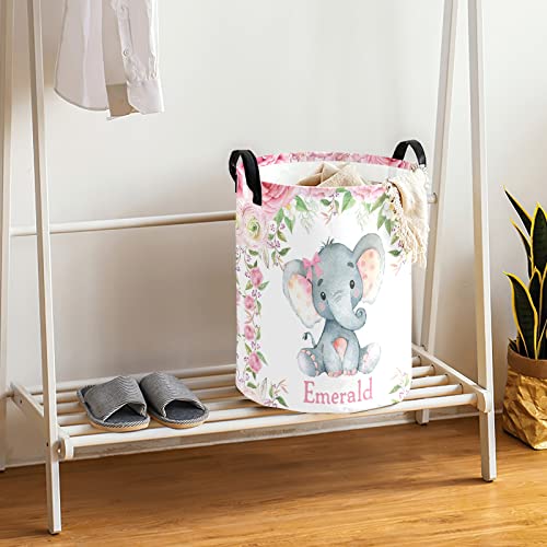 Custom Watercolor Animal Elephant Laundry Basket with Name Text Waterproof Bedroom Living Room Storage Basket