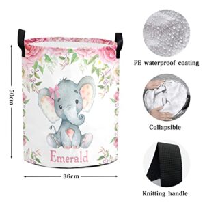 Custom Watercolor Animal Elephant Laundry Basket with Name Text Waterproof Bedroom Living Room Storage Basket