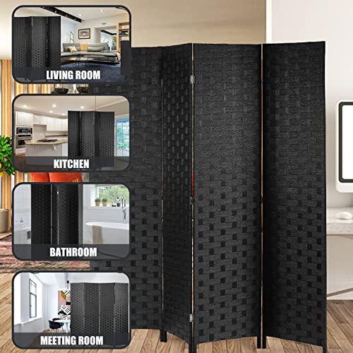 Room Divider,4 Panels 6FT Folding Privacy Screen Room Divider Wall Wood Mesh Hand-Woven Design Freestanding Partition Portable Wall for Home Office Bedroom(Black)