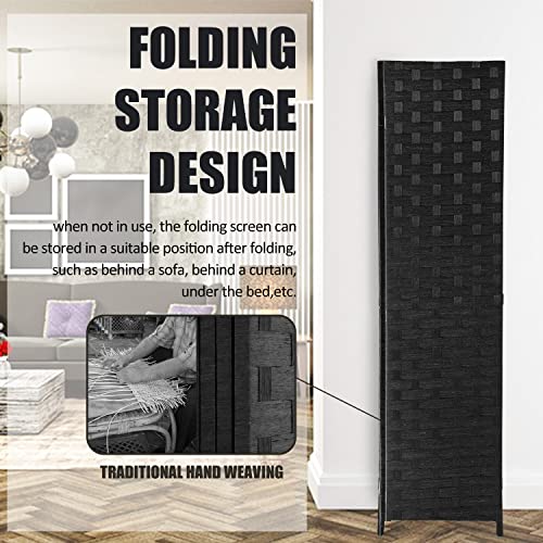 Room Divider,4 Panels 6FT Folding Privacy Screen Room Divider Wall Wood Mesh Hand-Woven Design Freestanding Partition Portable Wall for Home Office Bedroom(Black)