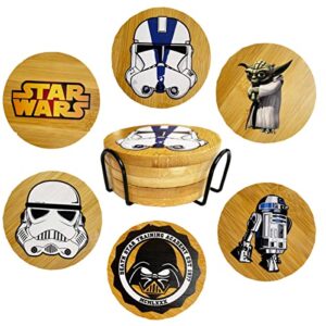 star war coasters for drinks, 6 pcs funny coasters set with coaster holder, bamboo coasters, wood coasters for coffee table, cute coasters for home decor, star war merchandise, star war gifts (type a)