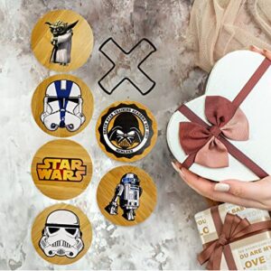 Star war Coasters for Drinks, 6 PCS Funny Coasters Set with Coaster Holder, Bamboo Coasters, Wood Coasters for Coffee Table, Cute Coasters for Home Decor, Star war Merchandise, Star war Gifts (Type A)