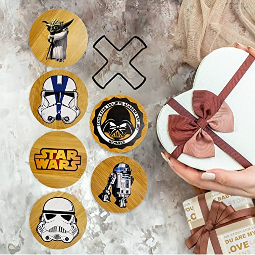 Star war Coasters for Drinks, 6 PCS Funny Coasters Set with Coaster Holder, Bamboo Coasters, Wood Coasters for Coffee Table, Cute Coasters for Home Decor, Star war Merchandise, Star war Gifts (Type A)