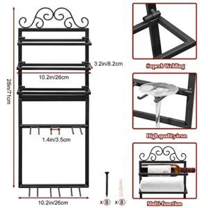 AUHOKY Wine Glass Rack Wall Mounted, 5 Layers Hanging Metal Wine Bottle Holder Organizer Holds 3 Bottles 6 Stemware Glasses, Wine Display Storage Holder for Kitchen Dining Room Bar Decor