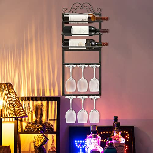 AUHOKY Wine Glass Rack Wall Mounted, 5 Layers Hanging Metal Wine Bottle Holder Organizer Holds 3 Bottles 6 Stemware Glasses, Wine Display Storage Holder for Kitchen Dining Room Bar Decor