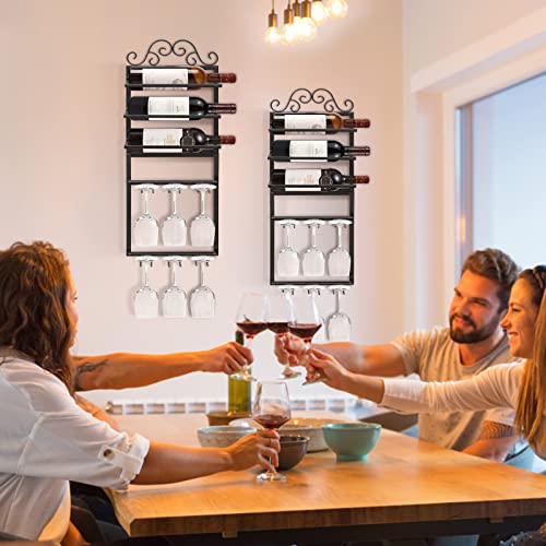 AUHOKY Wine Glass Rack Wall Mounted, 5 Layers Hanging Metal Wine Bottle Holder Organizer Holds 3 Bottles 6 Stemware Glasses, Wine Display Storage Holder for Kitchen Dining Room Bar Decor