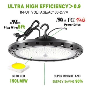 BFT 300W UFO LED High Bay Light 45,000LM 5000K Dimmable (0-10V) 5' US Plug - Commercial Shop Lights for Garage Gym Factory and Low Bay Area Warehouse Lighting Fixture