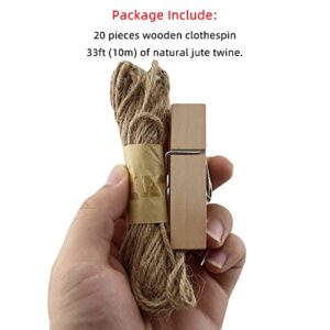 HEEHEE 20 Pack 2.83 Inch Large Wooden Clothespins Strong Spring Durable Natural Wood Texture Heavy Duty Clothes Pins with 33 Feet Jute Twine for Crafts Laundry Photo Hanging