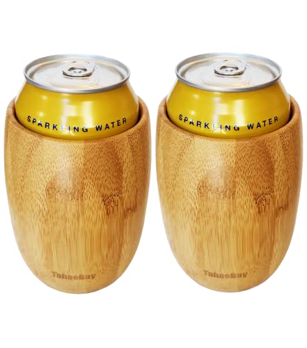 TahoeBay Bamboo Can Coolers (2-Pack) Laser Engravable 12oz Insulated Drink Holder for Standard Size Beer and Soda Cans Extra Thick Wine Tumbler Shape Design