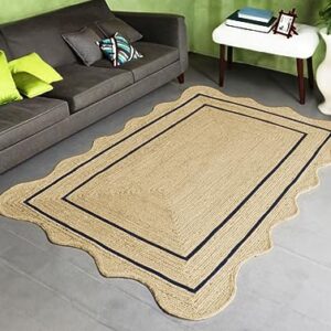 Handwoven Scalloped Jute Rug for Living Area 2x3 & 3x5- Braided Jute Runner Rug 2.6 x 6 ft for Kitchen & Entryway- Natural Farmhouse Scallop Jute Rug 5x7, Reversible Indoor & Outdoor Jute Rug 8x10