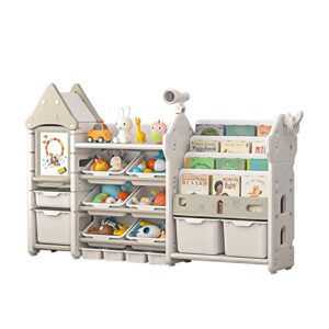 unicoo - kids toy storage organizer and children bookshelf, with 14 bins, pull-out drawers multipurpose shelf for toddlers to organize toys and books (magic castle – white)