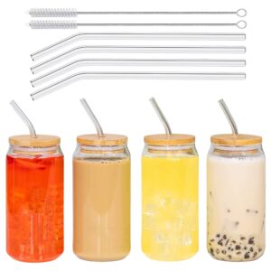 valley side homes 16oz drinking glass cups with bamboo lids and straws set of 4 - can shaped glass cups, iced coffee cup glass straw, cocktail tumbler cup beer glasses - 2 cleaning brushes