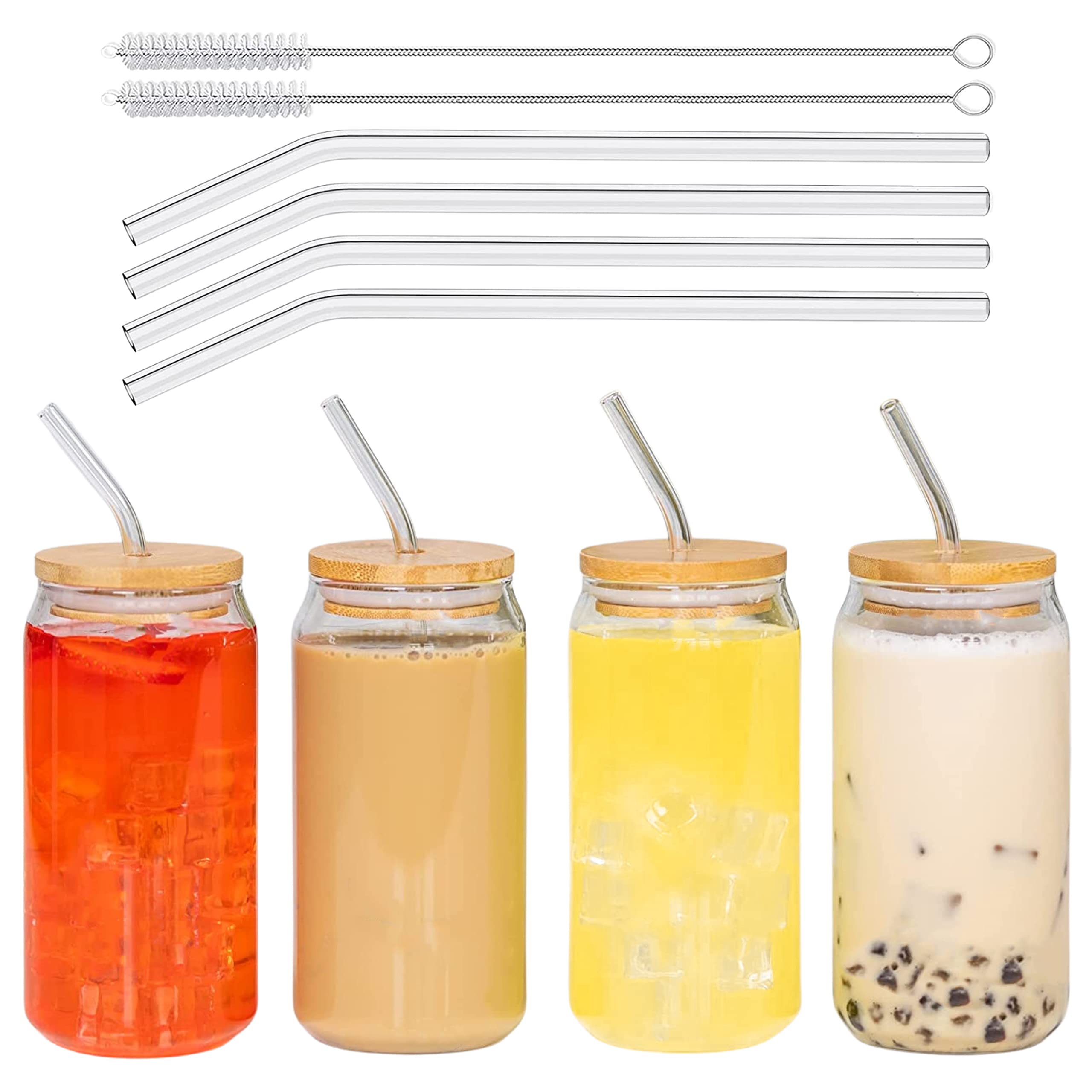 Valley Side Homes 16oz Drinking Glass Cups With Bamboo Lids and Straws set of 4 - Can Shaped Glass Cups, Iced Coffee Cup Glass Straw, Cocktail Tumbler Cup Beer Glasses - 2 Cleaning Brushes