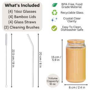 Valley Side Homes 16oz Drinking Glass Cups With Bamboo Lids and Straws set of 4 - Can Shaped Glass Cups, Iced Coffee Cup Glass Straw, Cocktail Tumbler Cup Beer Glasses - 2 Cleaning Brushes