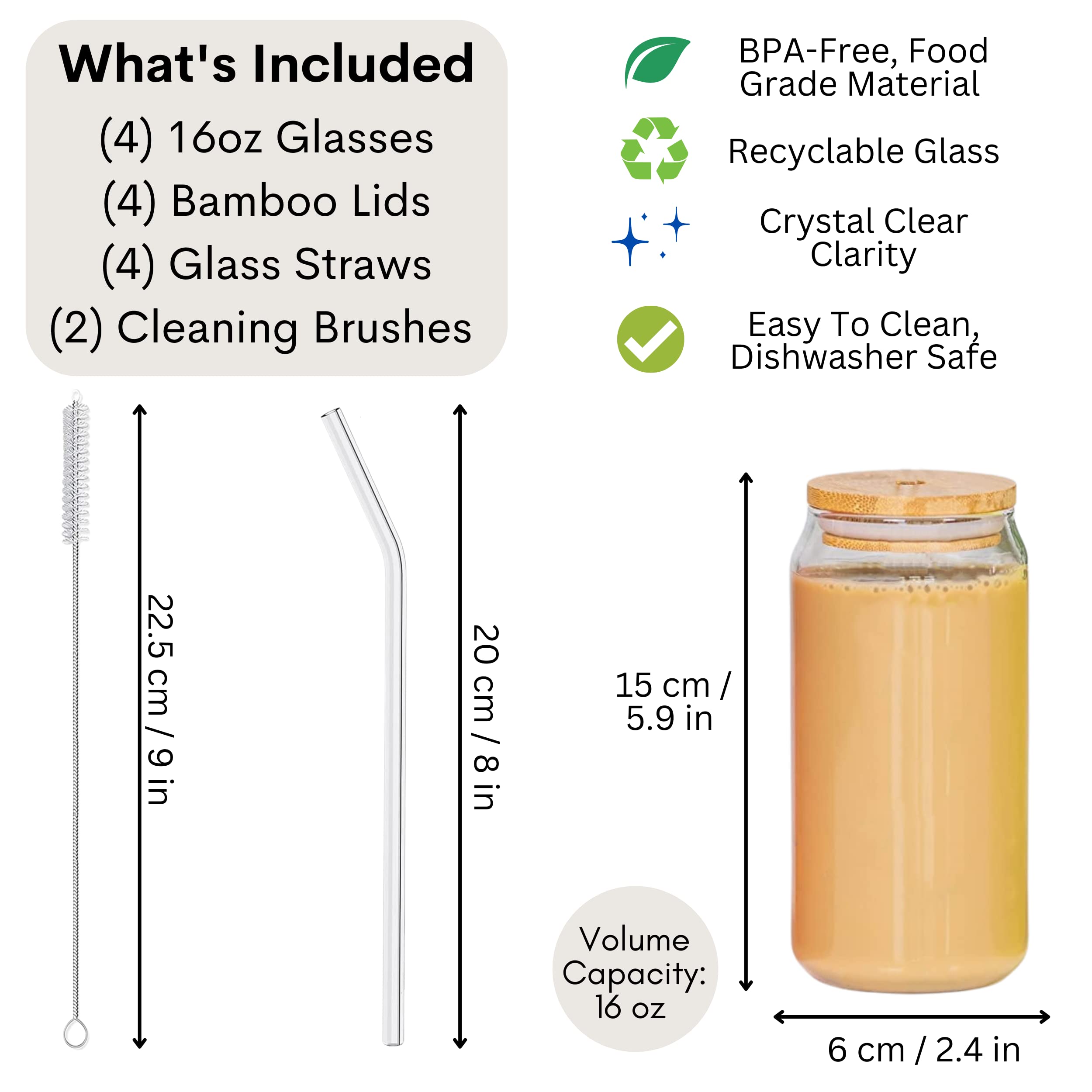 Valley Side Homes 16oz Drinking Glass Cups With Bamboo Lids and Straws set of 4 - Can Shaped Glass Cups, Iced Coffee Cup Glass Straw, Cocktail Tumbler Cup Beer Glasses - 2 Cleaning Brushes