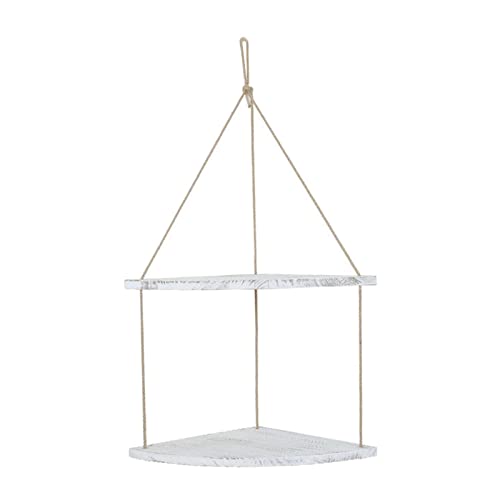 Fenteer Premium Swing Hanging Rope Corner Shelves 1 Holder W/Hook Decoration, White 2 Tier