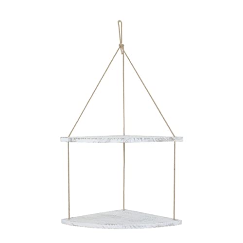 Fenteer Premium Swing Hanging Rope Corner Shelves 1 Holder W/Hook Decoration, White 2 Tier