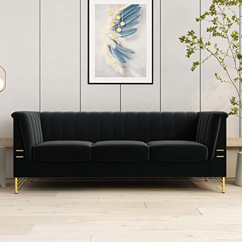 Tomkate Black Velvet Couch Sofa, 83 Inch Wide Mid-Century Modern Sofa Tufted Chesterfield with Flared Arms and Removable Cushions, 3 Seat Large Comfy Couches Sofas for Living Room (Black)