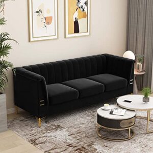 Tomkate Black Velvet Couch Sofa, 83 Inch Wide Mid-Century Modern Sofa Tufted Chesterfield with Flared Arms and Removable Cushions, 3 Seat Large Comfy Couches Sofas for Living Room (Black)