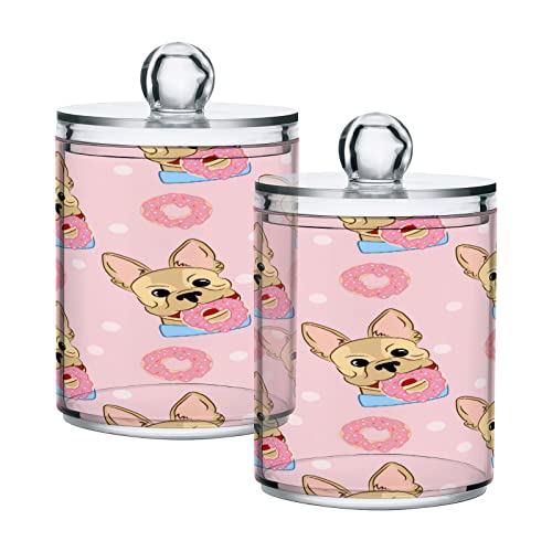 ALAZA Pink French Bulldog Donuts 2 Pack Qtip Holder Dispenser 14 Oz Clear Plastic Apothecary Jar Containers Jars Bathroom for Cotton Swab, Ball, Pads, Floss, Vanity Makeup Organizer