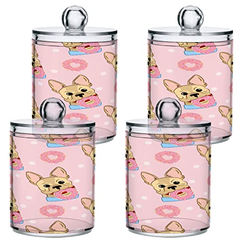 ALAZA Pink French Bulldog Donuts 2 Pack Qtip Holder Dispenser 14 Oz Clear Plastic Apothecary Jar Containers Jars Bathroom for Cotton Swab, Ball, Pads, Floss, Vanity Makeup Organizer