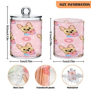 ALAZA Pink French Bulldog Donuts 2 Pack Qtip Holder Dispenser 14 Oz Clear Plastic Apothecary Jar Containers Jars Bathroom for Cotton Swab, Ball, Pads, Floss, Vanity Makeup Organizer